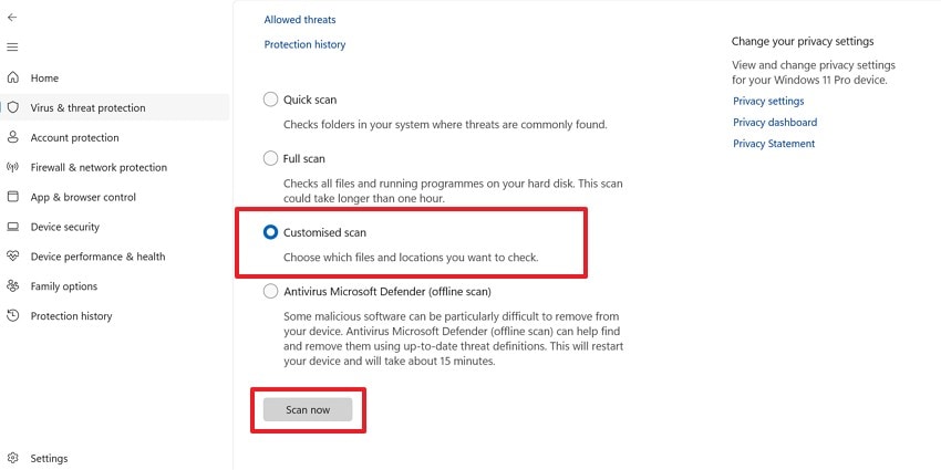 select customised scan option