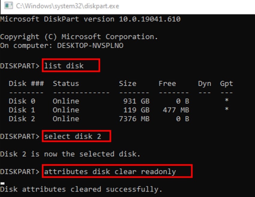 run the diskpart commands