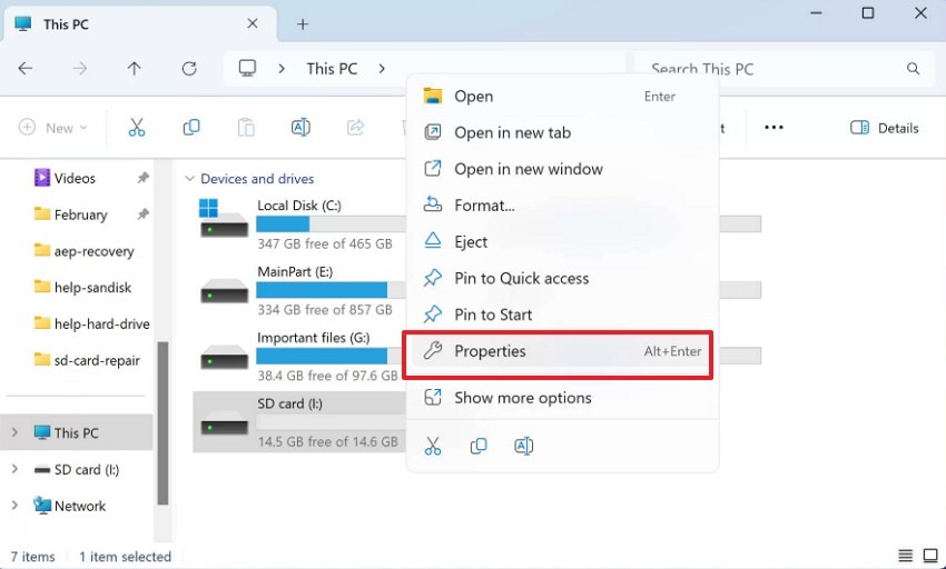 select the properties option