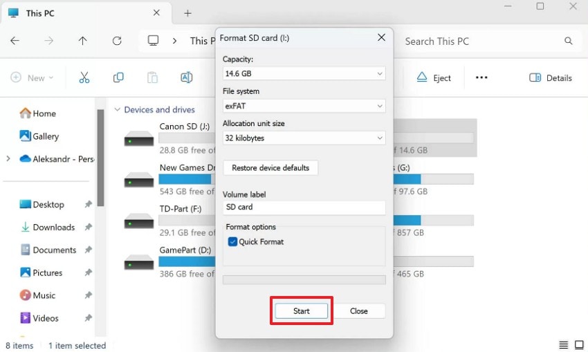 choose the start button