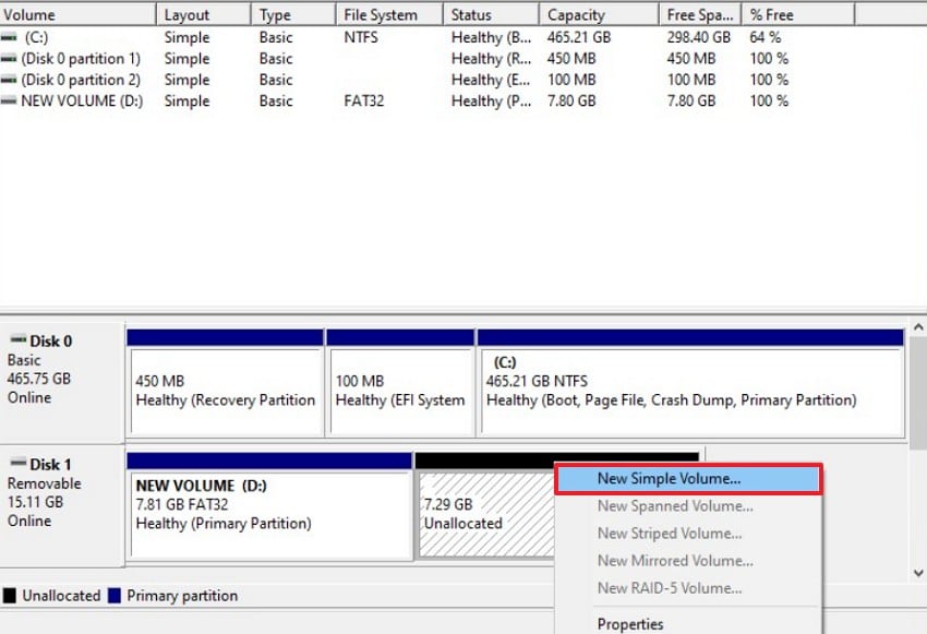 select the new simple volume
