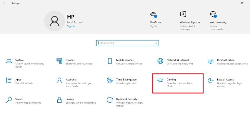 open gaming settings windows