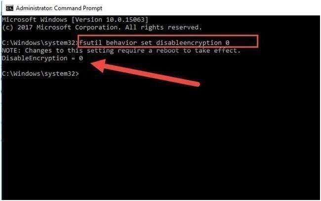 enabling the efs in the command prompt 