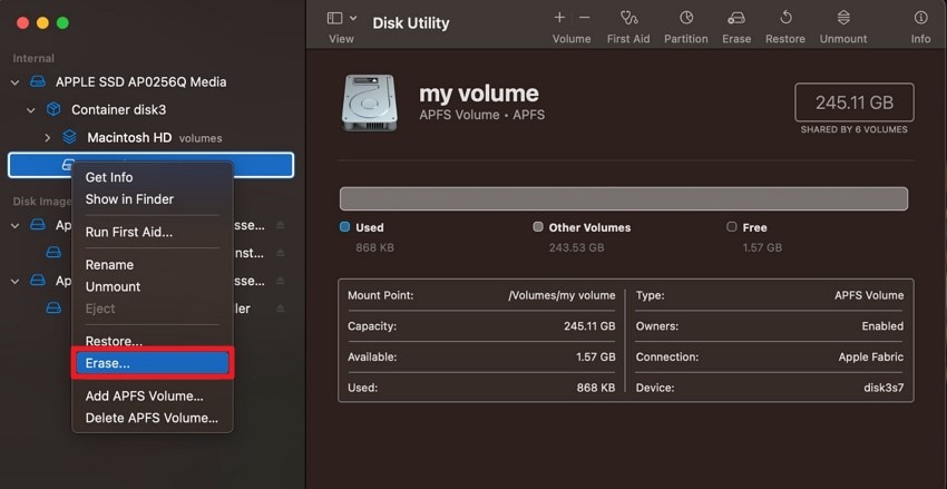 open disk utility select erase