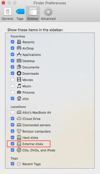 make external disks visible on mac