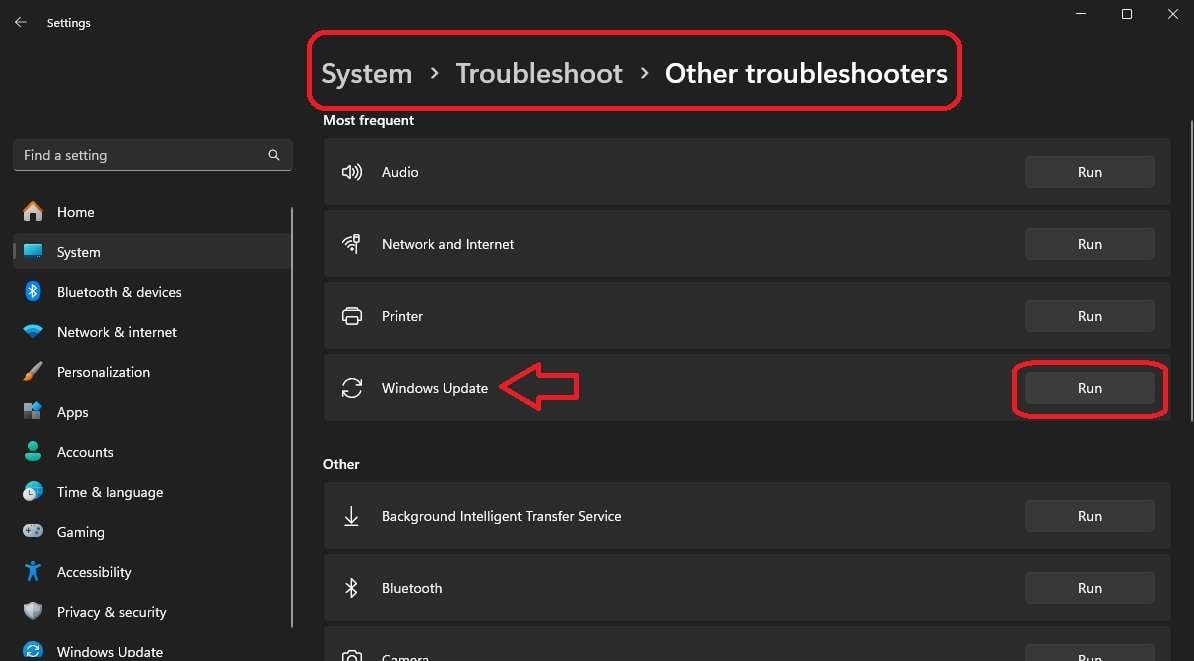 run the windows update troubleshooter