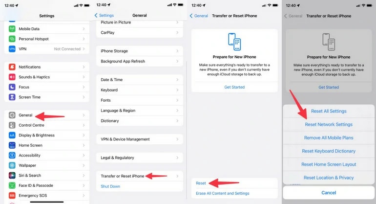 reset network settings in ios