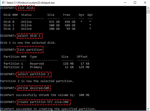 run commands to set the efi system partition