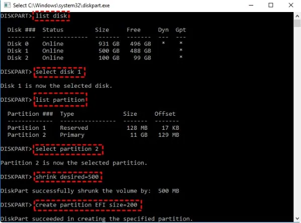 esegui i comandi per impostare la partizione di sistema efi