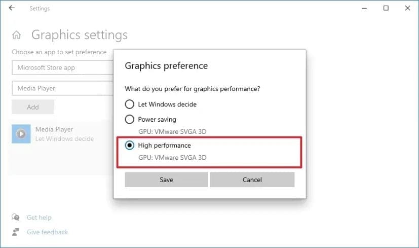 windows graphics settings high performance
