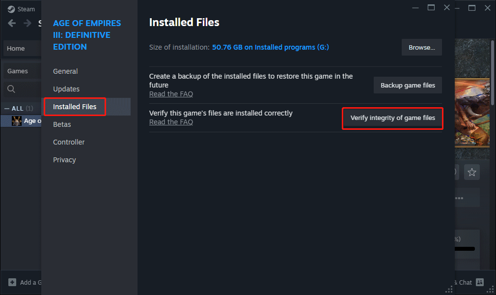 verify integrity of game files installed files tab
