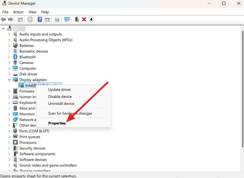 windows device manager display adapters and graphics driver properties