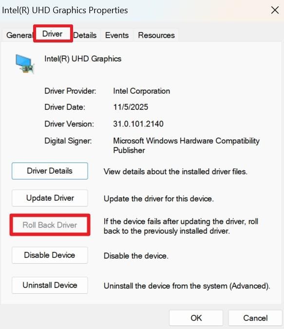 intel graphics driver properties roll back driver disabled
