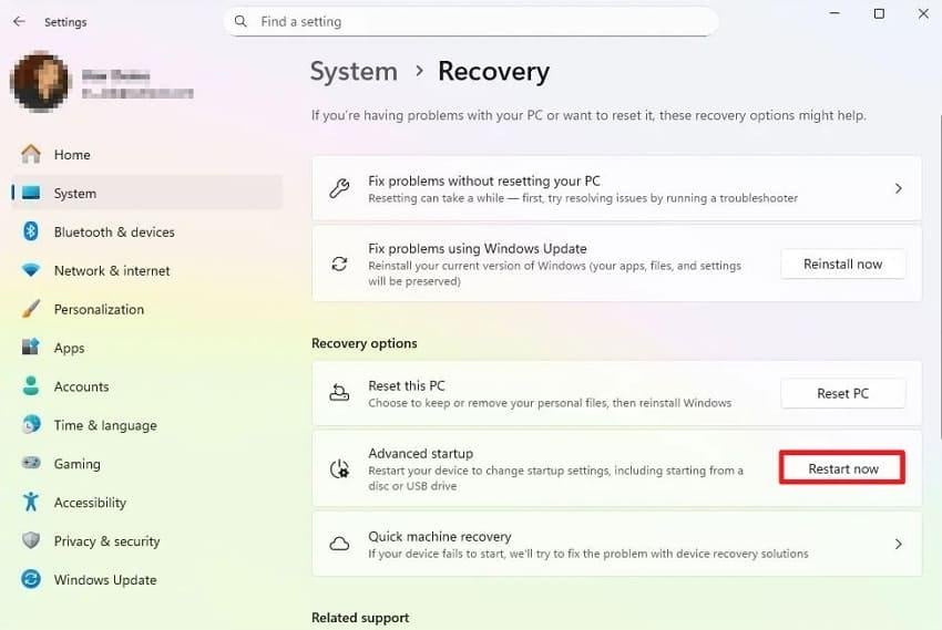 windows 11 system recovery advanced startup restart now