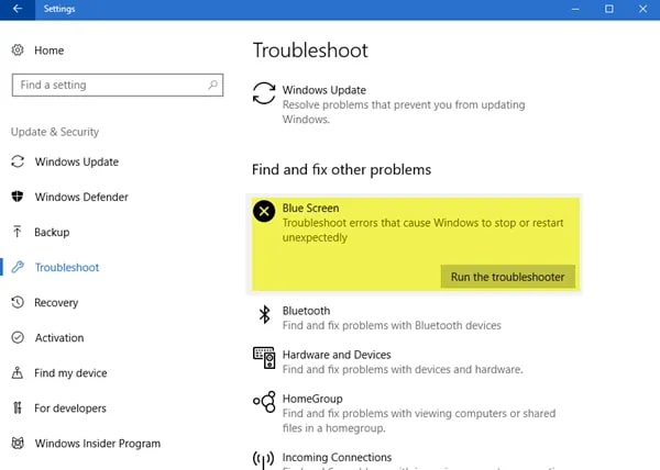 run the blue screen troubleshooter
