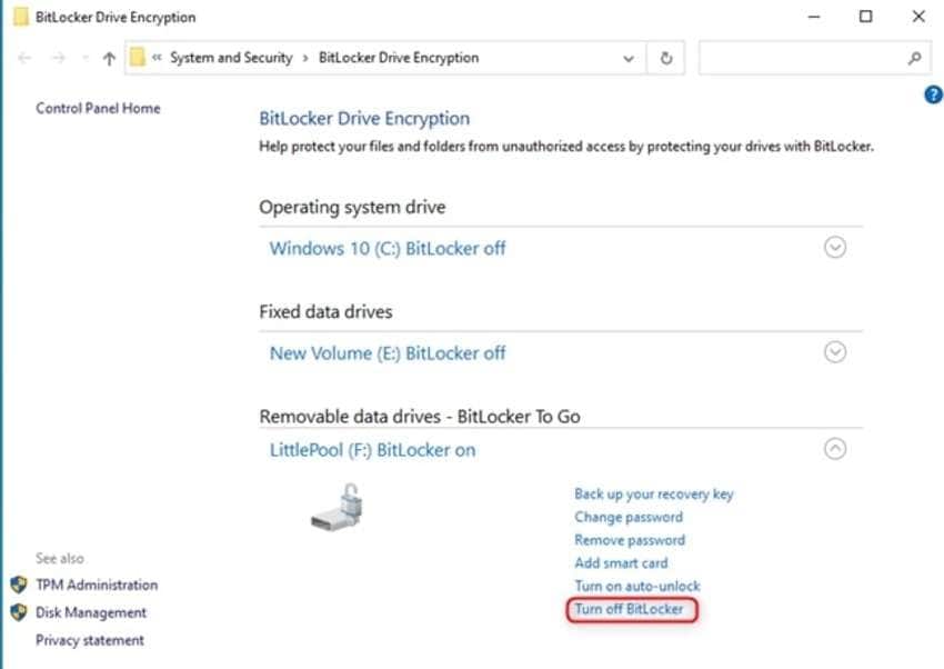 turning off bitlocker to repair the “unknown usb device (set address failed)” issue