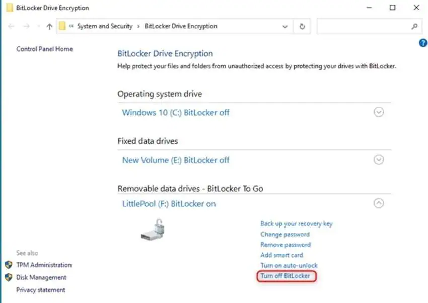 turning off bitlocker to repair the “unknown usb device (set address failed)” issue