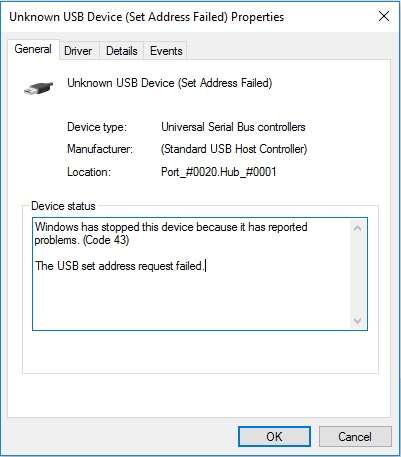 the “unknown usb device (set address failed)” code 43