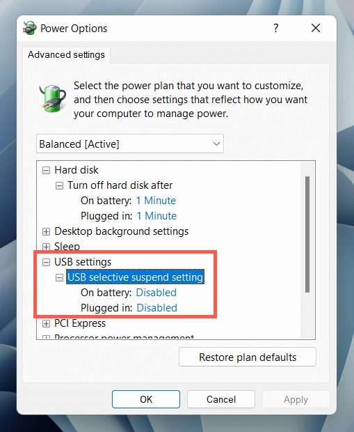 disabling “usb selective suspend setting” to fix “usb device (set address failed)”
