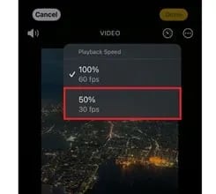 photos playback speed control showing 100 percent and 50 percent