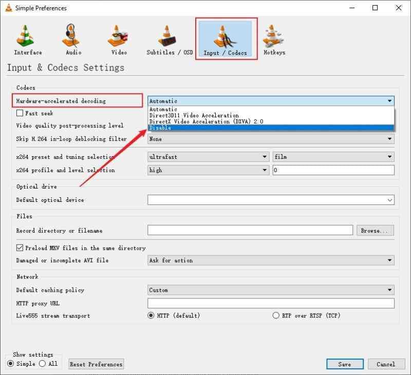 vlc input codecs hardware accelerated decoding choices