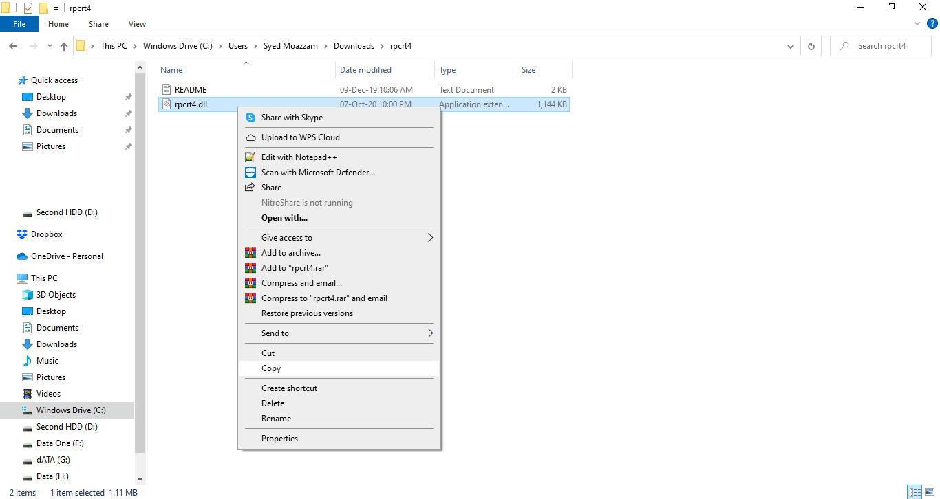 copier et coller l'emplacement de la dll