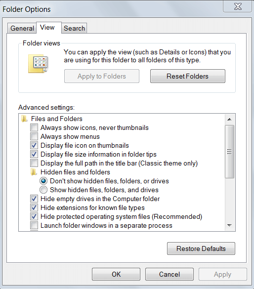 folder options view tab
