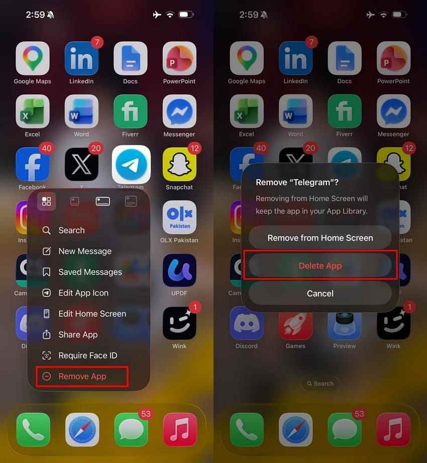 delete telegram app on iphone