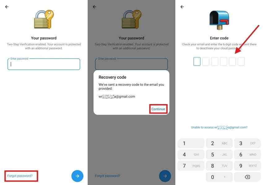 reset telegram password with recovery email