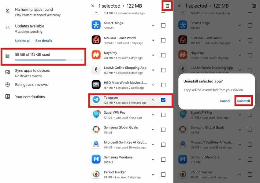 uninstall telegram app on android