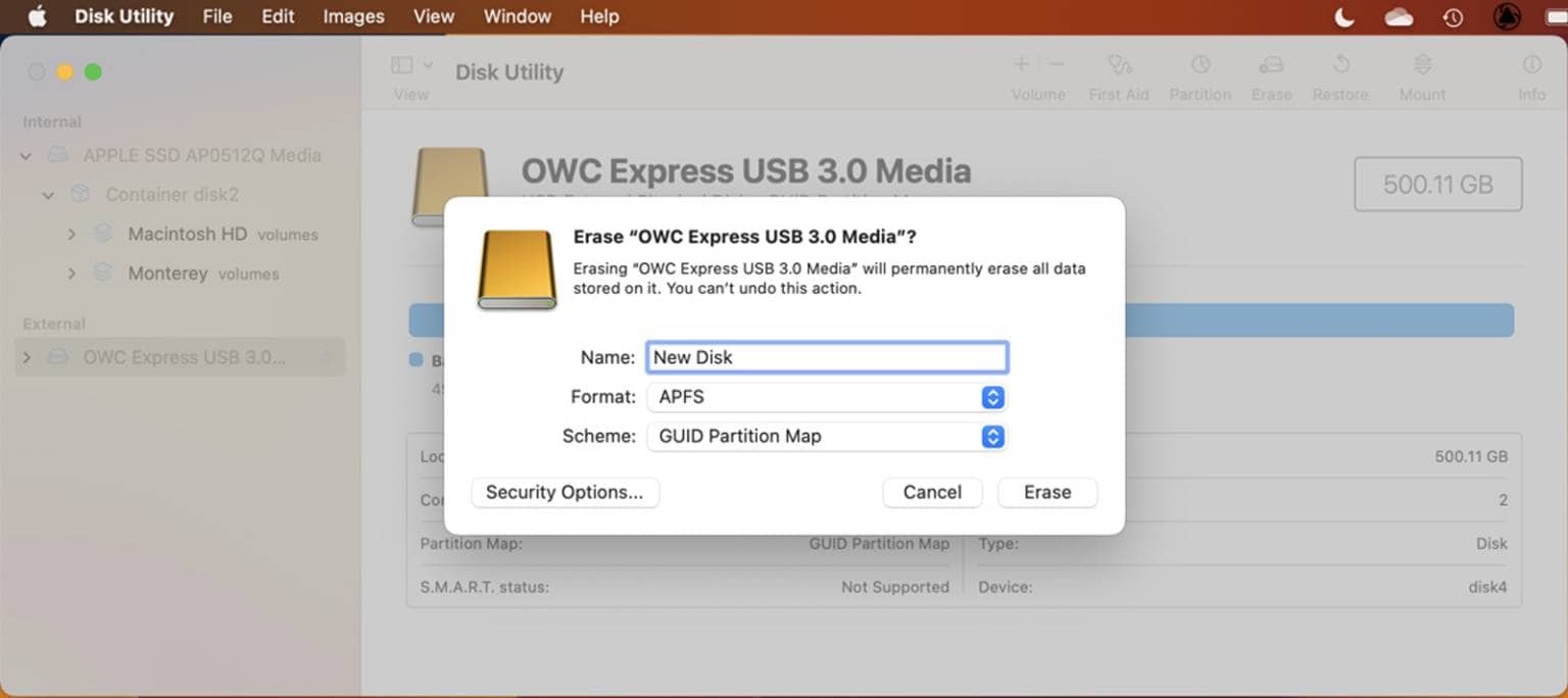 Choisir le format SSD de macOS dans l'utilitaire de disque