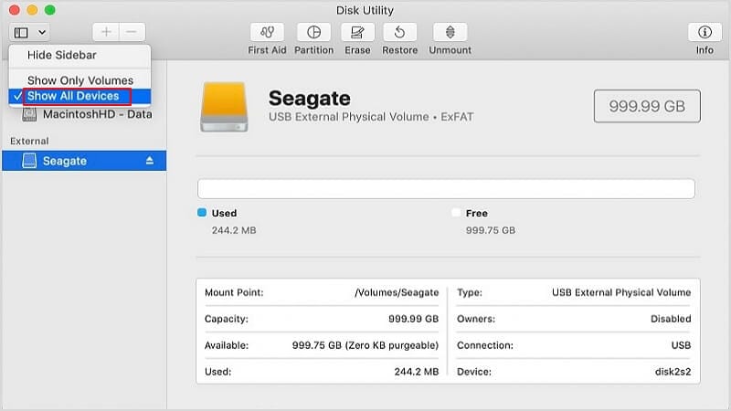 select show all devices in disk utility