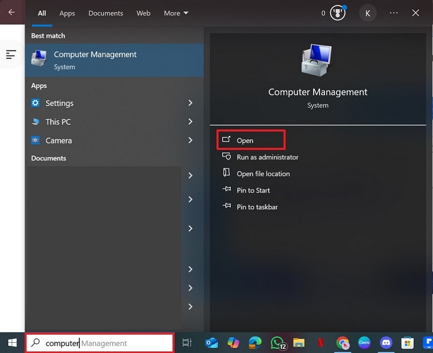 open computer management widow