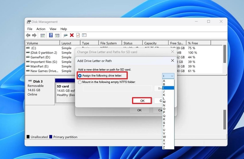assign letter to corrupted sd card