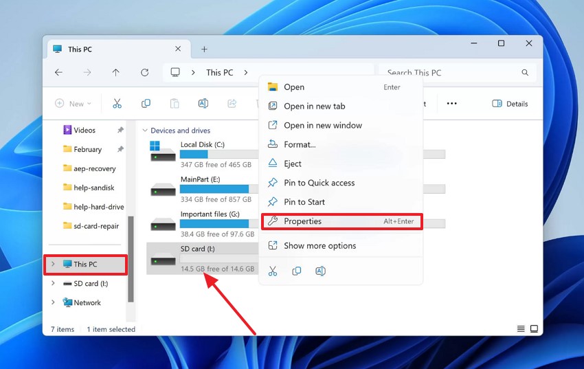 navigate corrupted sd card properties
