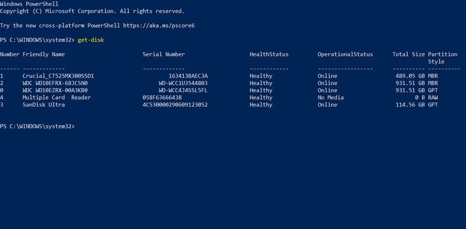 open powershell and list disks