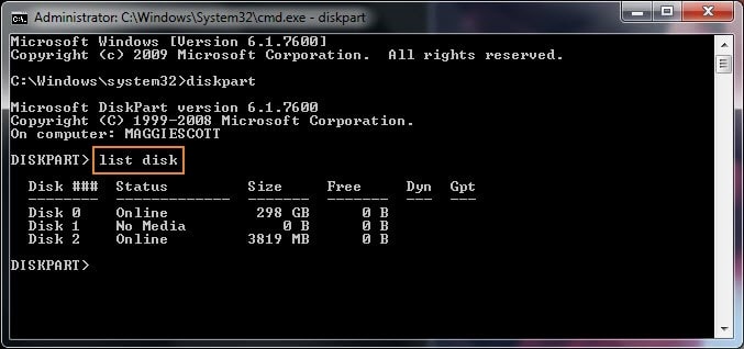 open command prompt and diskpart