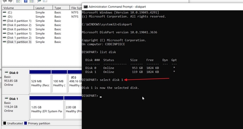 select disk with efi partition