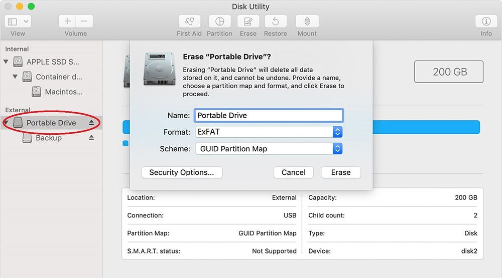 Escolha o disco rígido externo no Disk Utility