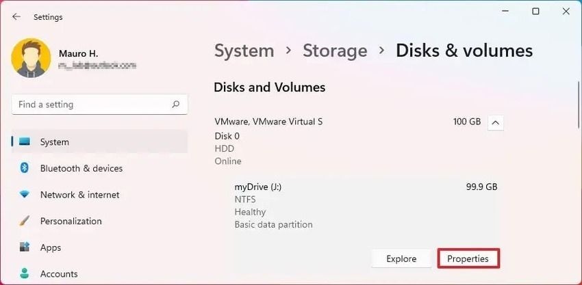 disk and volumes properties