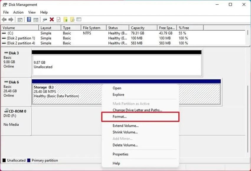 formater le lecteur dans la gestion des disques Windows 11