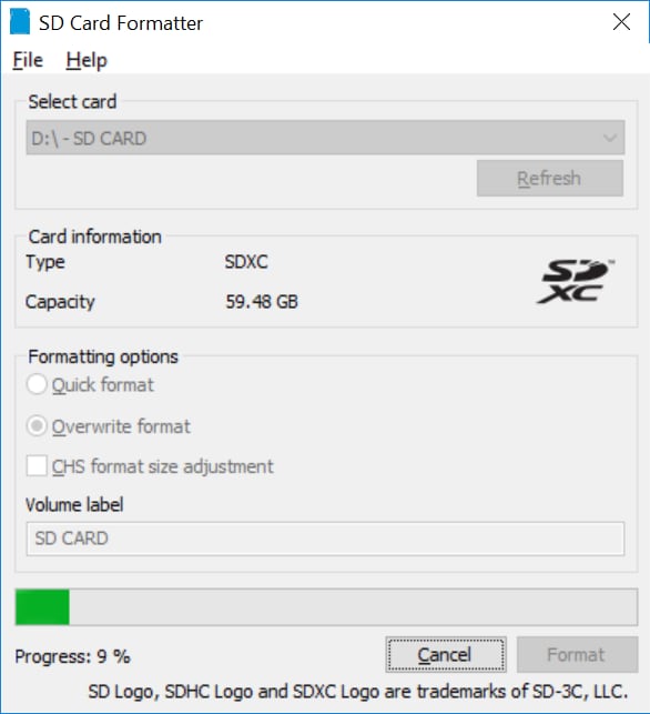 sd memory card formatter 5.0.3 interface for microsd cards