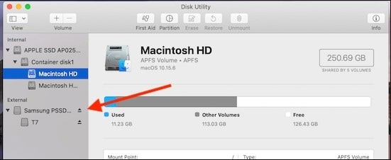 select samsung t7 ssd in disk utility