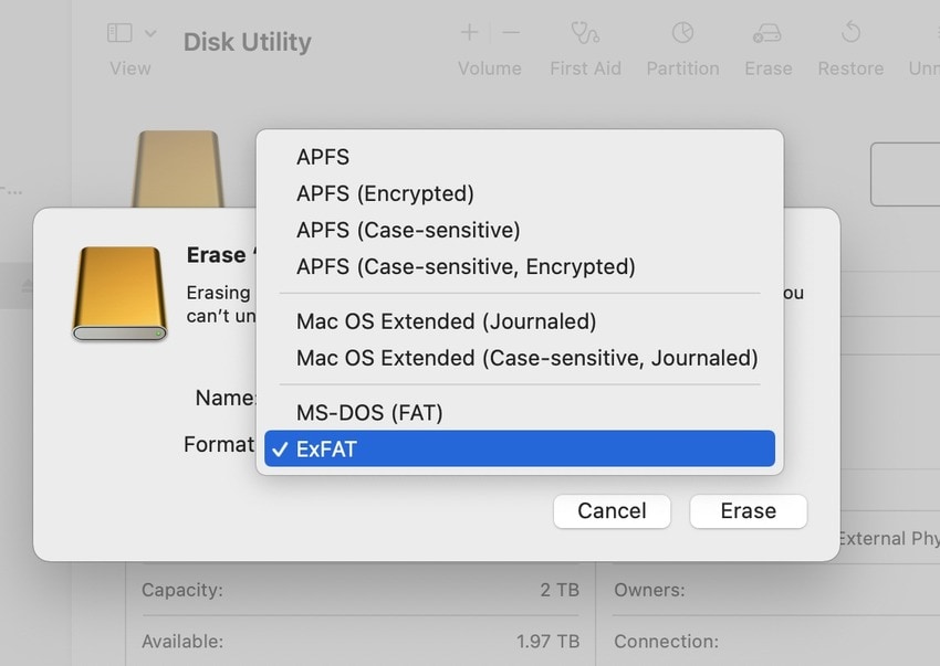 opções de formato para o sandisk extreme portable ssd no mac