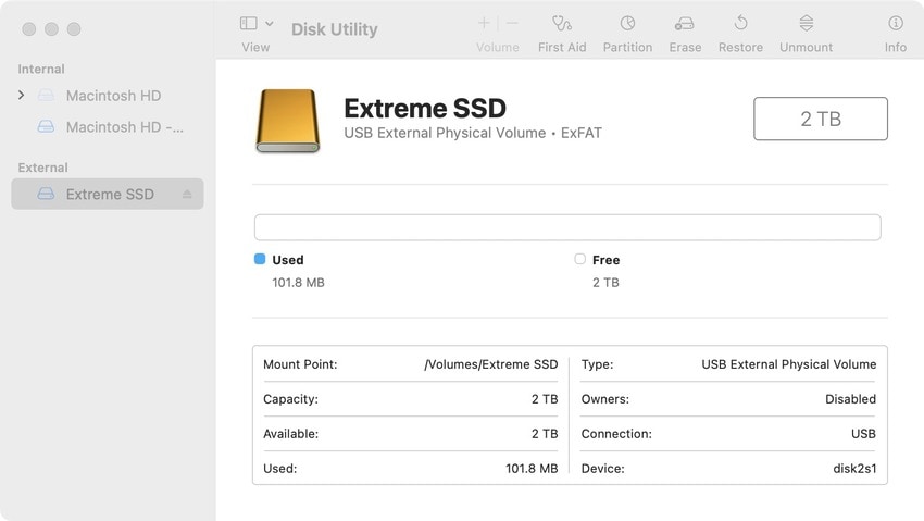 selecciona sandisk extreme ssd en la utilidad de disco de mac