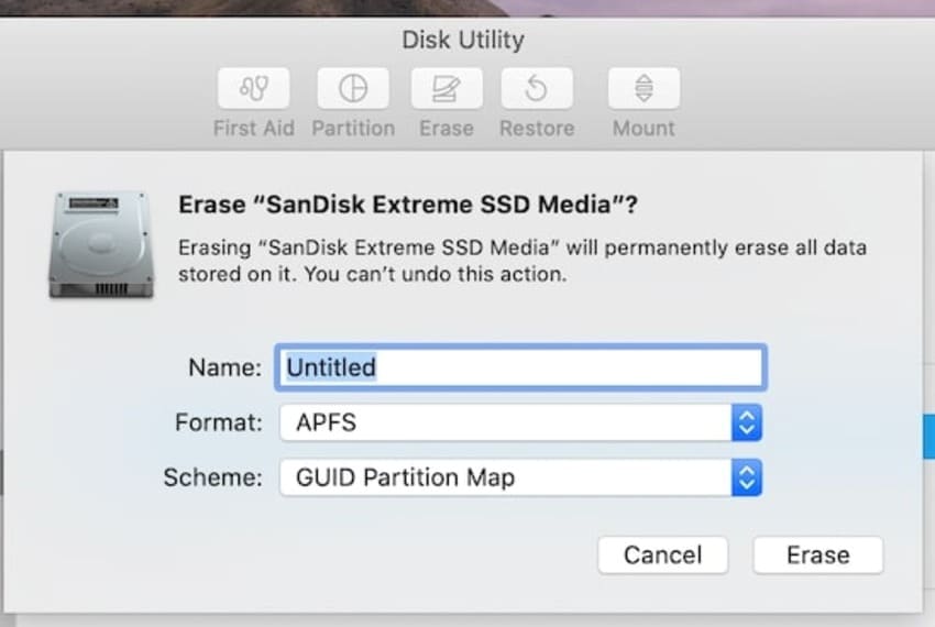 установите ярлык, схему и формат SSD-накопителя sandisk для Mac