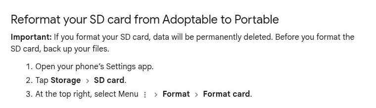 google android help steps to change adoptable sd card storage back to portable storage