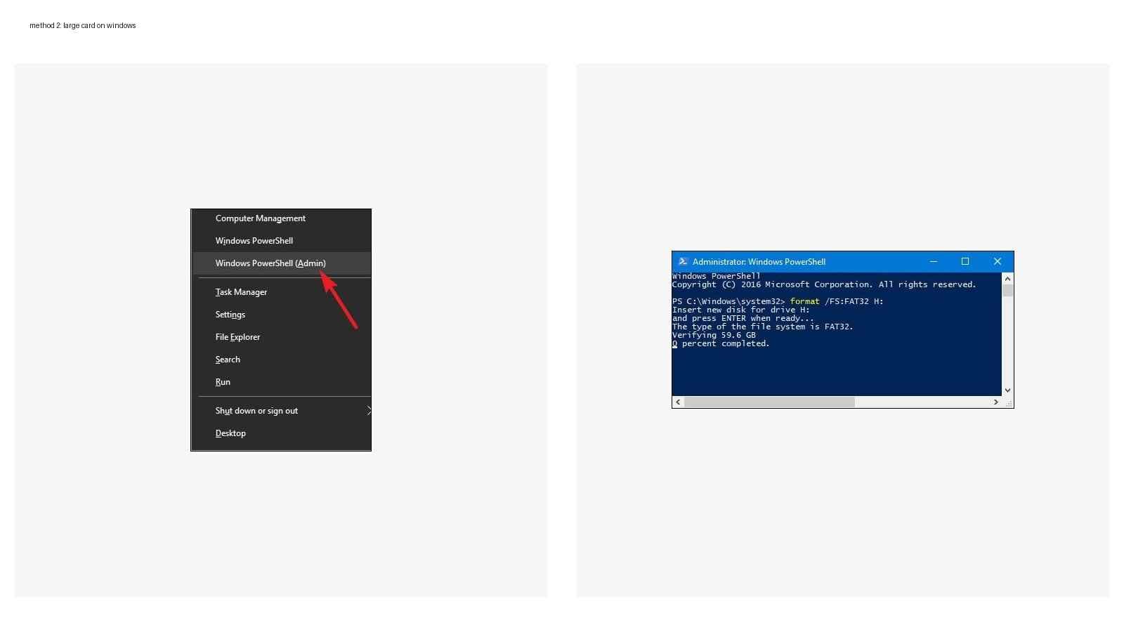 command line steps to format a large sd card to fat32 on windows