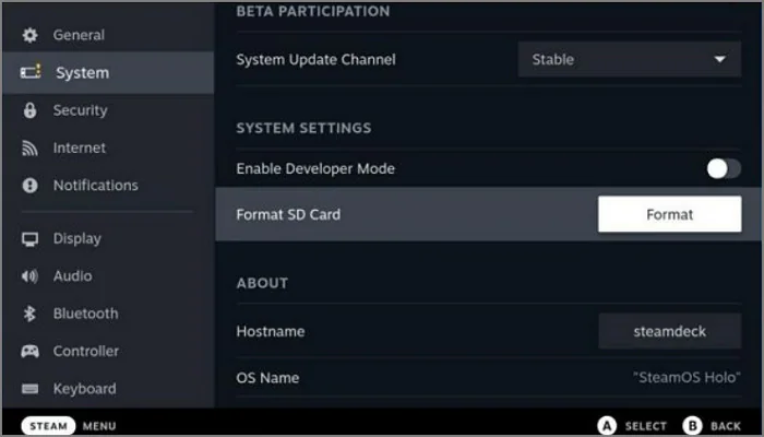 format sd card on steam deck