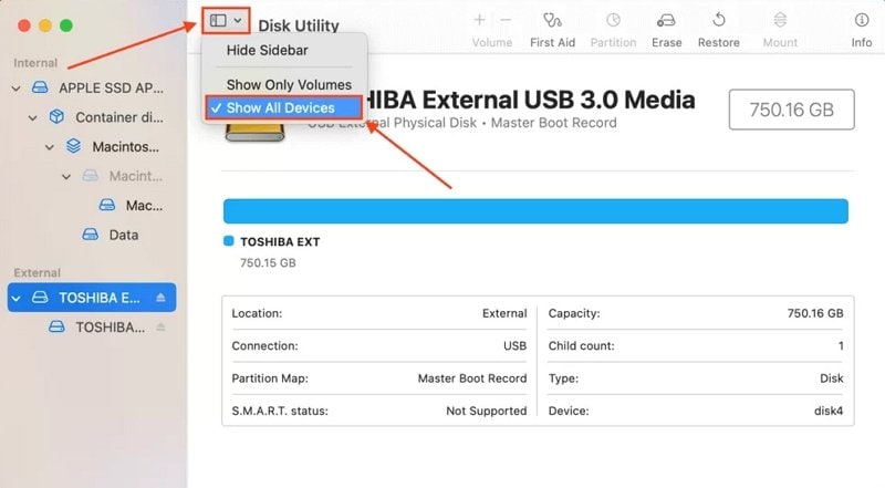 show toshiba external drive in disk utility
